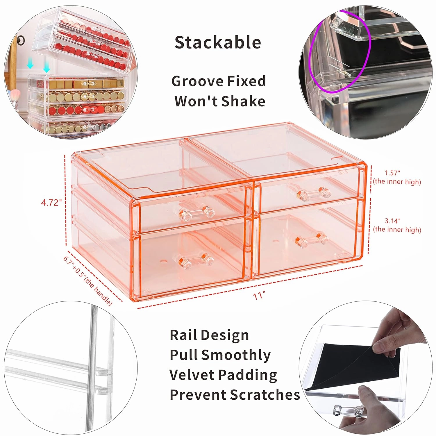 Acrylic Pink Jewelry Box Organizer With 4 Drawers,Rectangular Brightroom Storage Bins Plastic Desk Organizers,Stackable Makeup Drawer Suitable for Office,School,Home Stackable Organizer Bins,Pack of 1