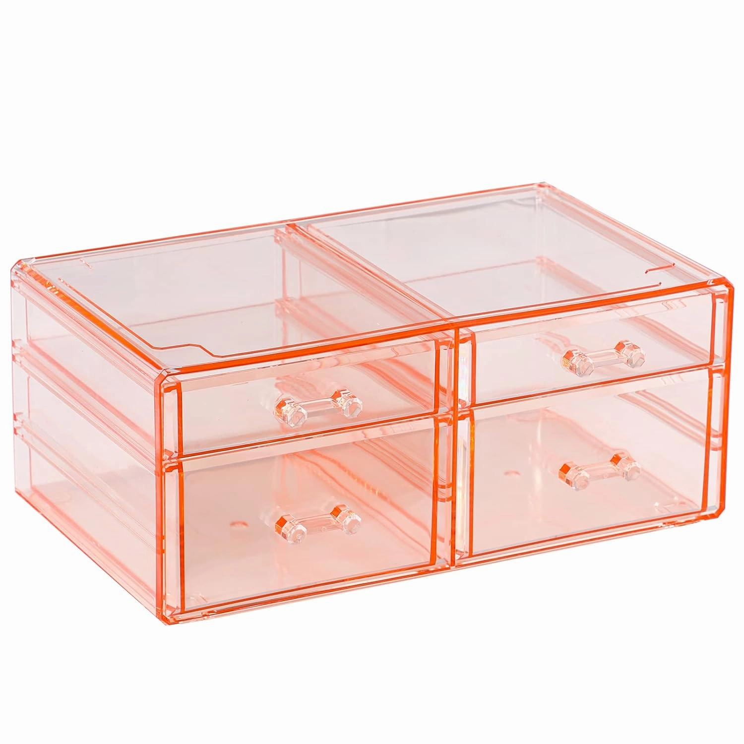 Acrylic Pink Jewelry Box Organizer With 4 Drawers,Rectangular Brightroom Storage Bins Plastic Desk Organizers,Stackable Makeup Drawer Suitable for Office,School,Home Stackable Organizer Bins,Pack of 1