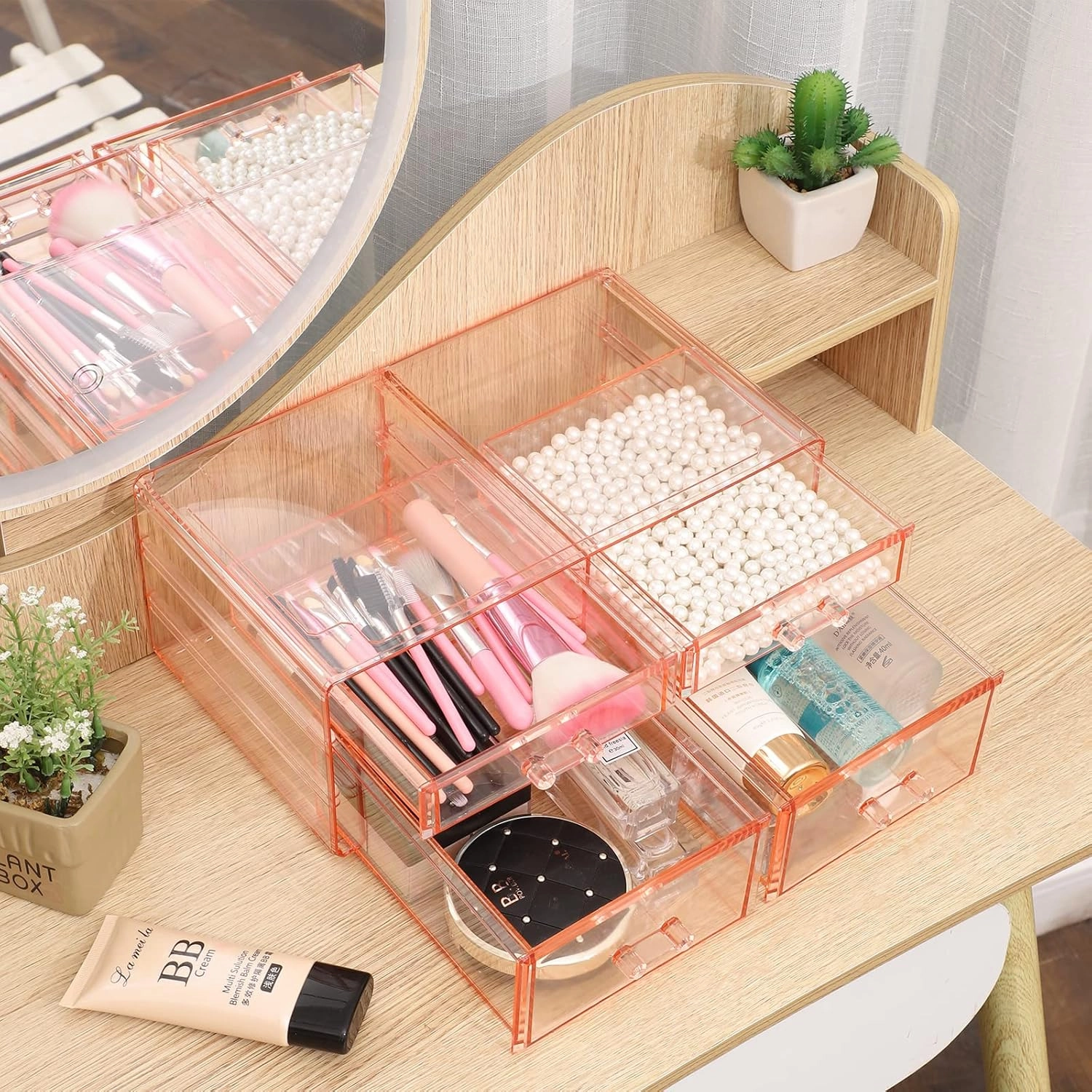 Acrylic Pink Jewelry Box Organizer With 4 Drawers,Rectangular Brightroom Storage Bins Plastic Desk Organizers,Stackable Makeup Drawer Suitable for Office,School,Home Stackable Organizer Bins,Pack of 1