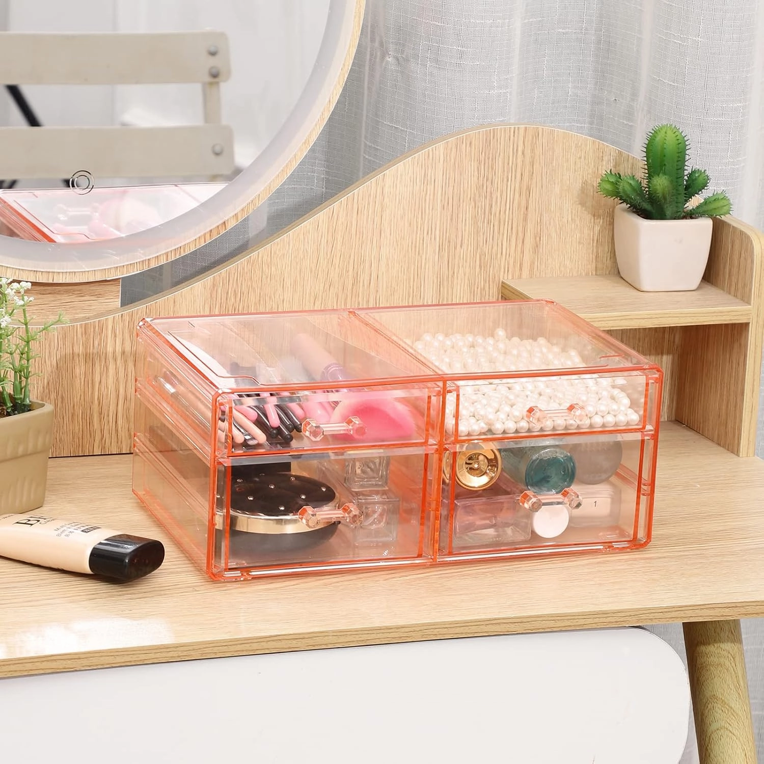 Acrylic Pink Jewelry Box Organizer With 4 Drawers,Rectangular Brightroom Storage Bins Plastic Desk Organizers,Stackable Makeup Drawer Suitable for Office,School,Home Stackable Organizer Bins,Pack of 1