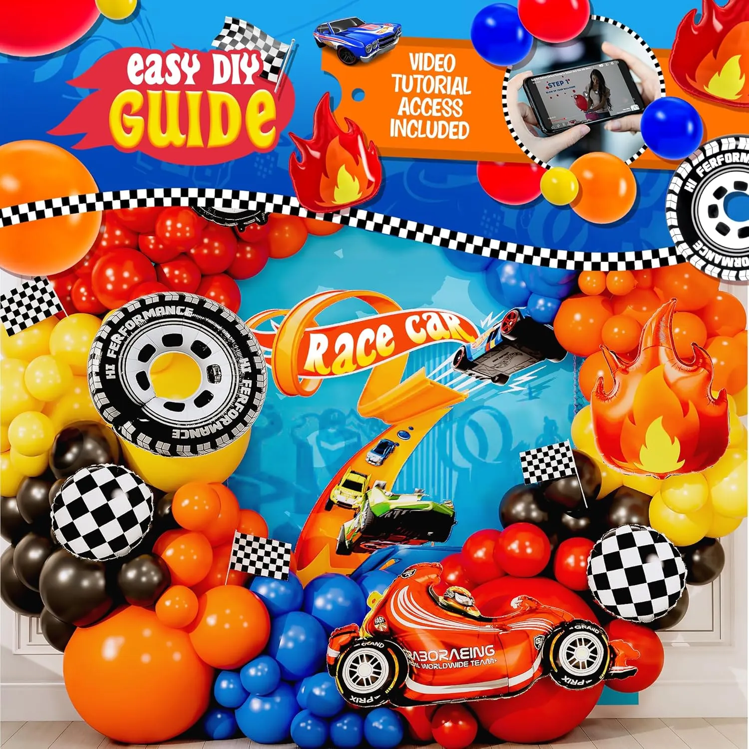 ALL-IN-1 Race Car Balloon Arch Kit with BONUS Flame & Race Car for Hot Wheels Birthday Decorations - Monster Truck Balloons for Hot Wheels Party Decorations - Hot Wheels Balloons, Monster Truck Party