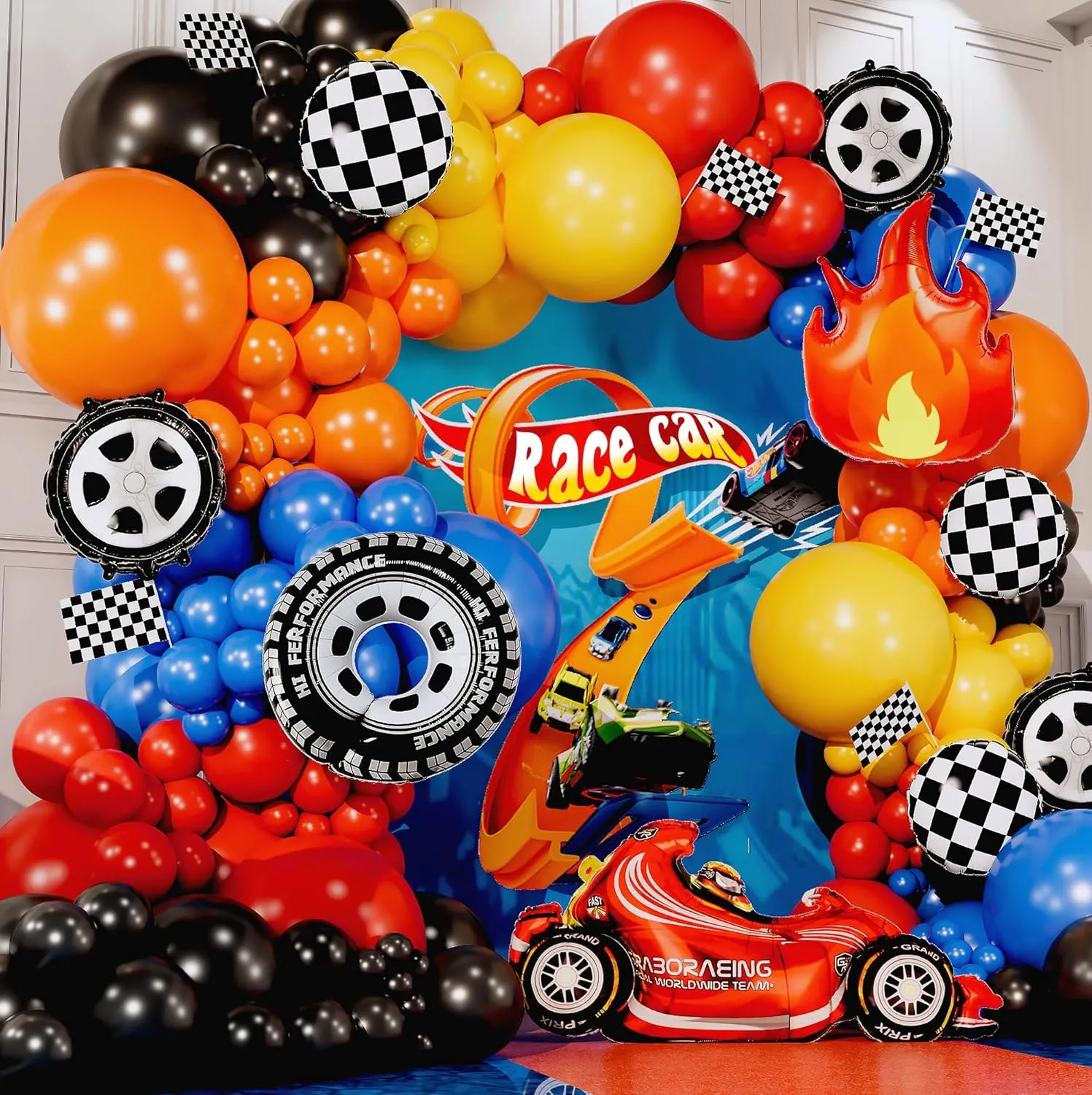 ALL-IN-1 Race Car Balloon Arch Kit with BONUS Flame & Race Car for Hot Wheels Birthday Decorations - Monster Truck Balloons for Hot Wheels Party Decorations - Hot Wheels Balloons, Monster Truck Party