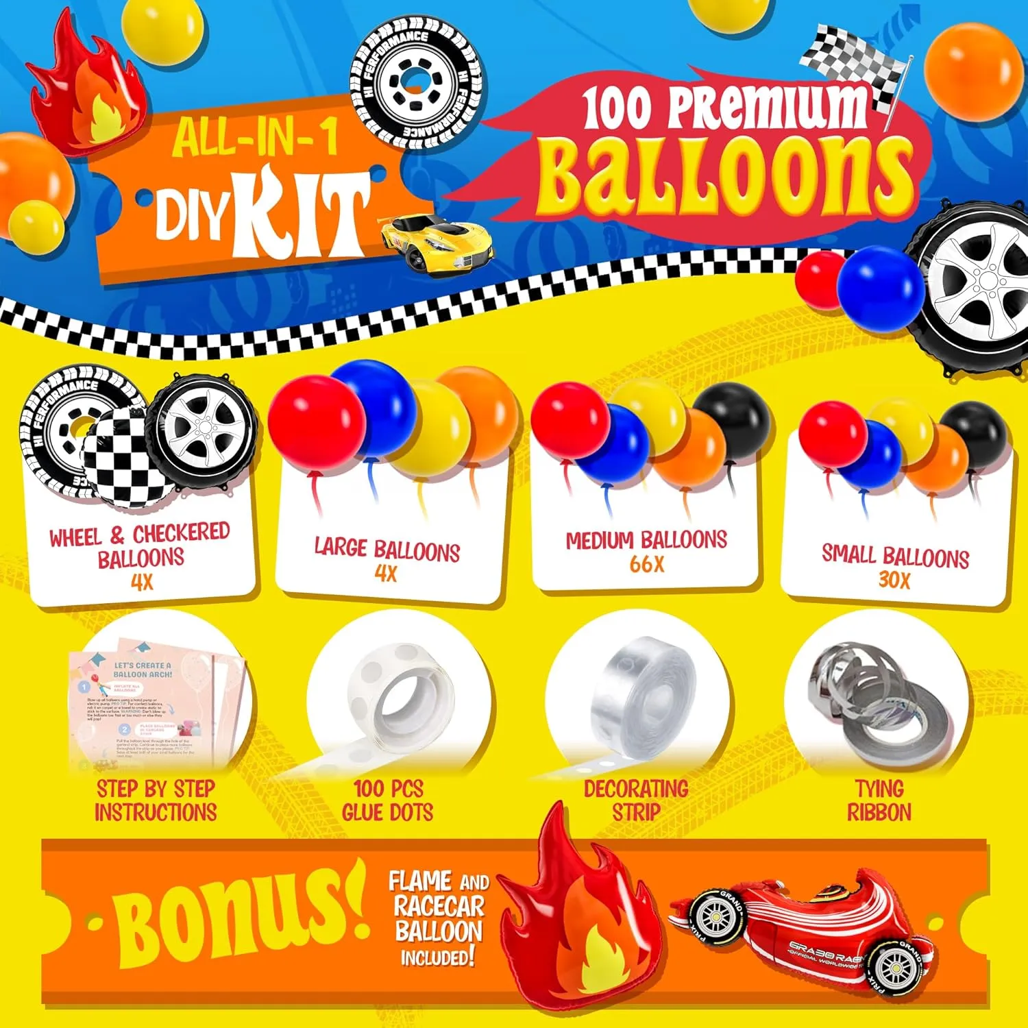 ALL-IN-1 Race Car Balloon Arch Kit with BONUS Flame & Race Car for Hot Wheels Birthday Decorations - Monster Truck Balloons for Hot Wheels Party Decorations - Hot Wheels Balloons, Monster Truck Party