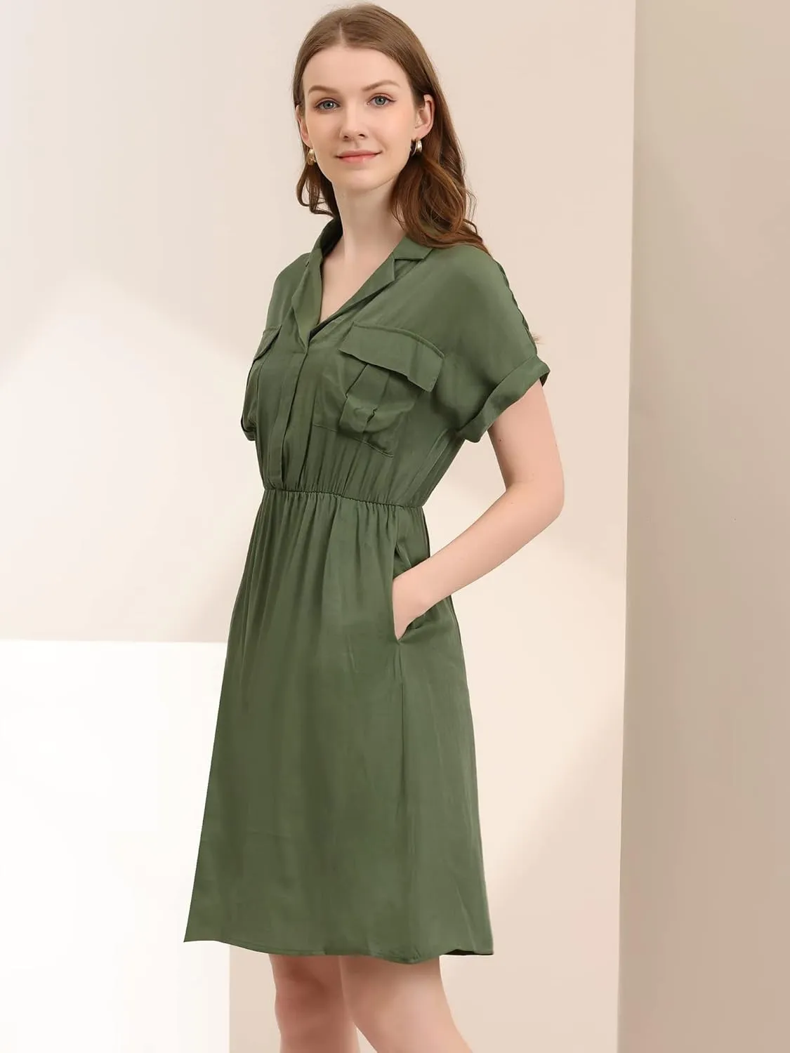 Allegra K Women's Notched Lapel Elastic Waist Pocket A-Line Safari Shirt Dress