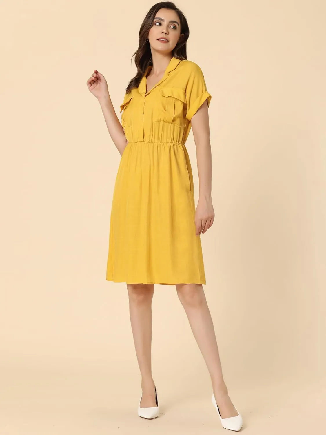 Allegra K Women's Notched Lapel Elastic Waist Pocket A-Line Safari Shirt Dress