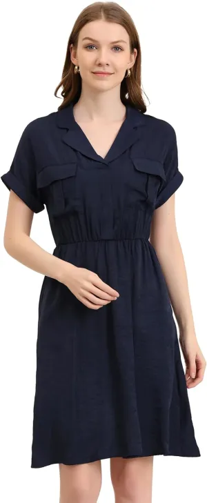 Allegra K Women's Notched Lapel Elastic Waist Pocket A-Line Safari Shirt Dress