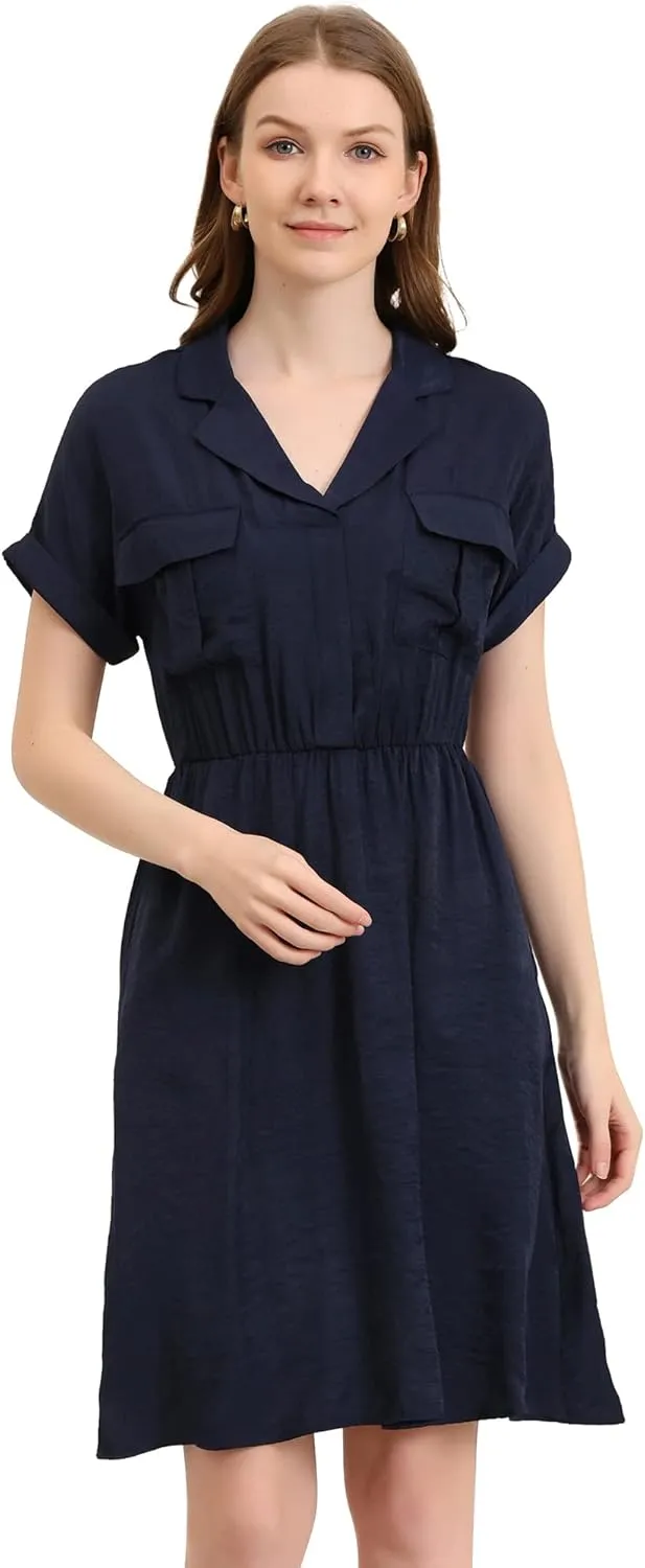 Allegra K Women's Notched Lapel Elastic Waist Pocket A-Line Safari Shirt Dress
