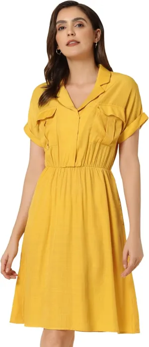 Allegra K Women's Notched Lapel Elastic Waist Pocket A-Line Safari Shirt Dress