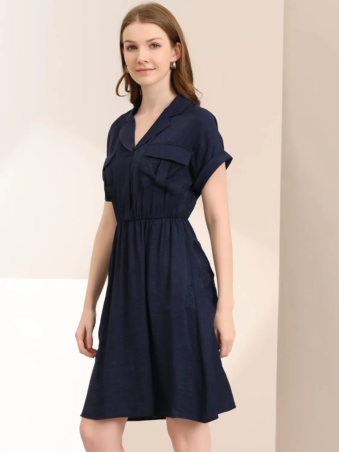 Allegra K Women's Notched Lapel Elastic Waist Pocket A-Line Safari Shirt Dress
