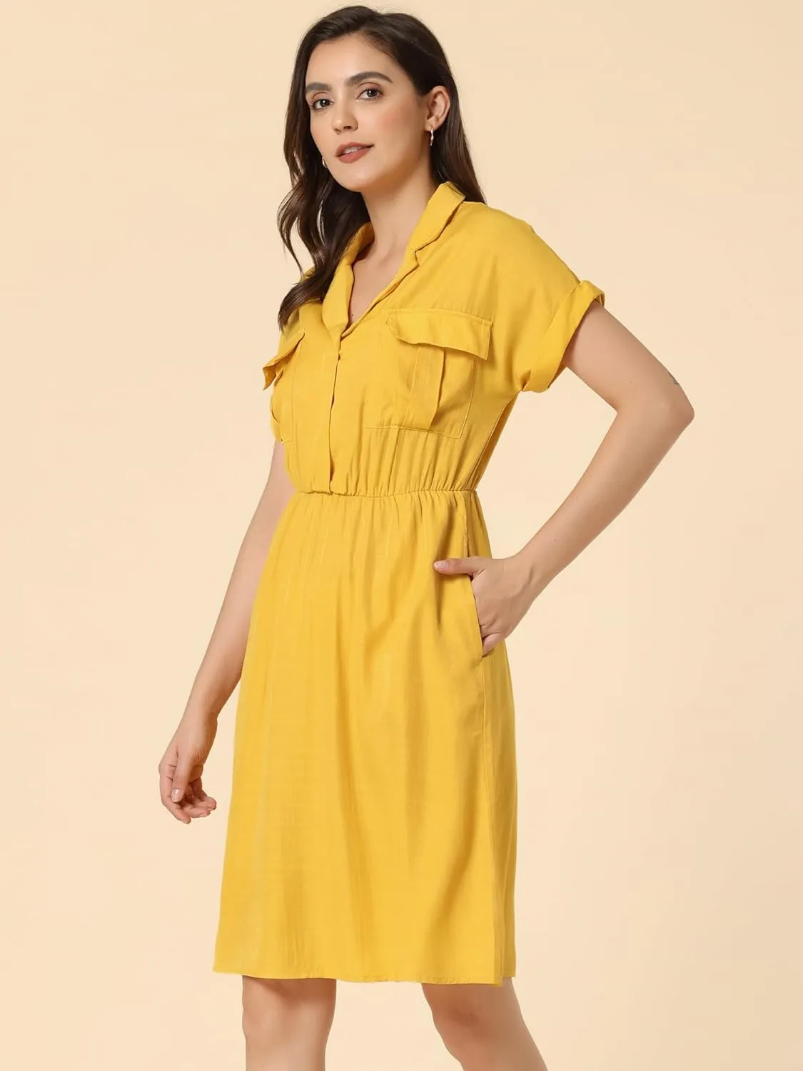 Allegra K Women's Notched Lapel Elastic Waist Pocket A-Line Safari Shirt Dress