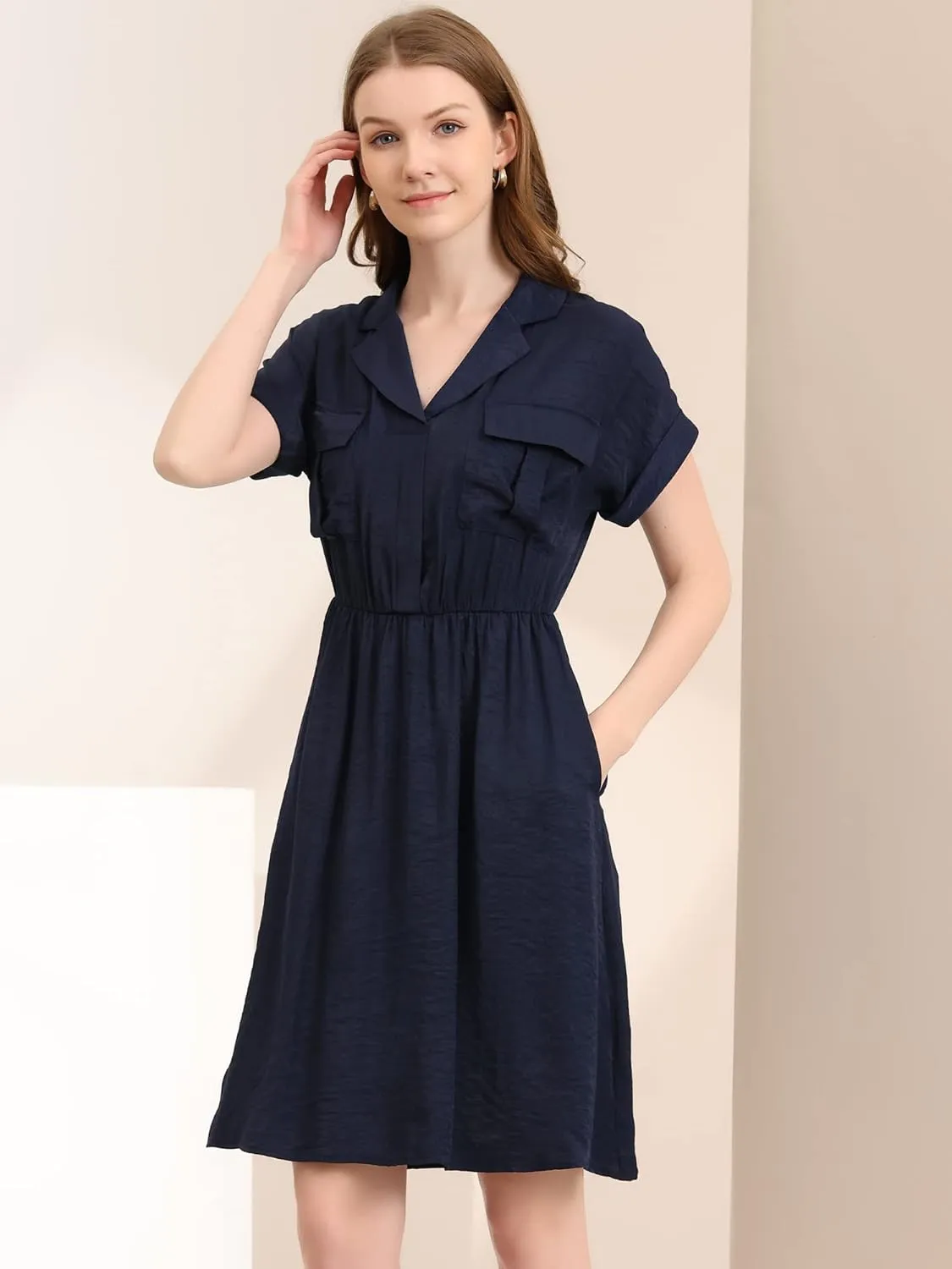 Allegra K Women's Notched Lapel Elastic Waist Pocket A-Line Safari Shirt Dress