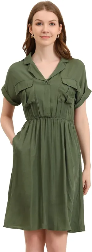 Allegra K Women's Notched Lapel Elastic Waist Pocket A-Line Safari Shirt Dress