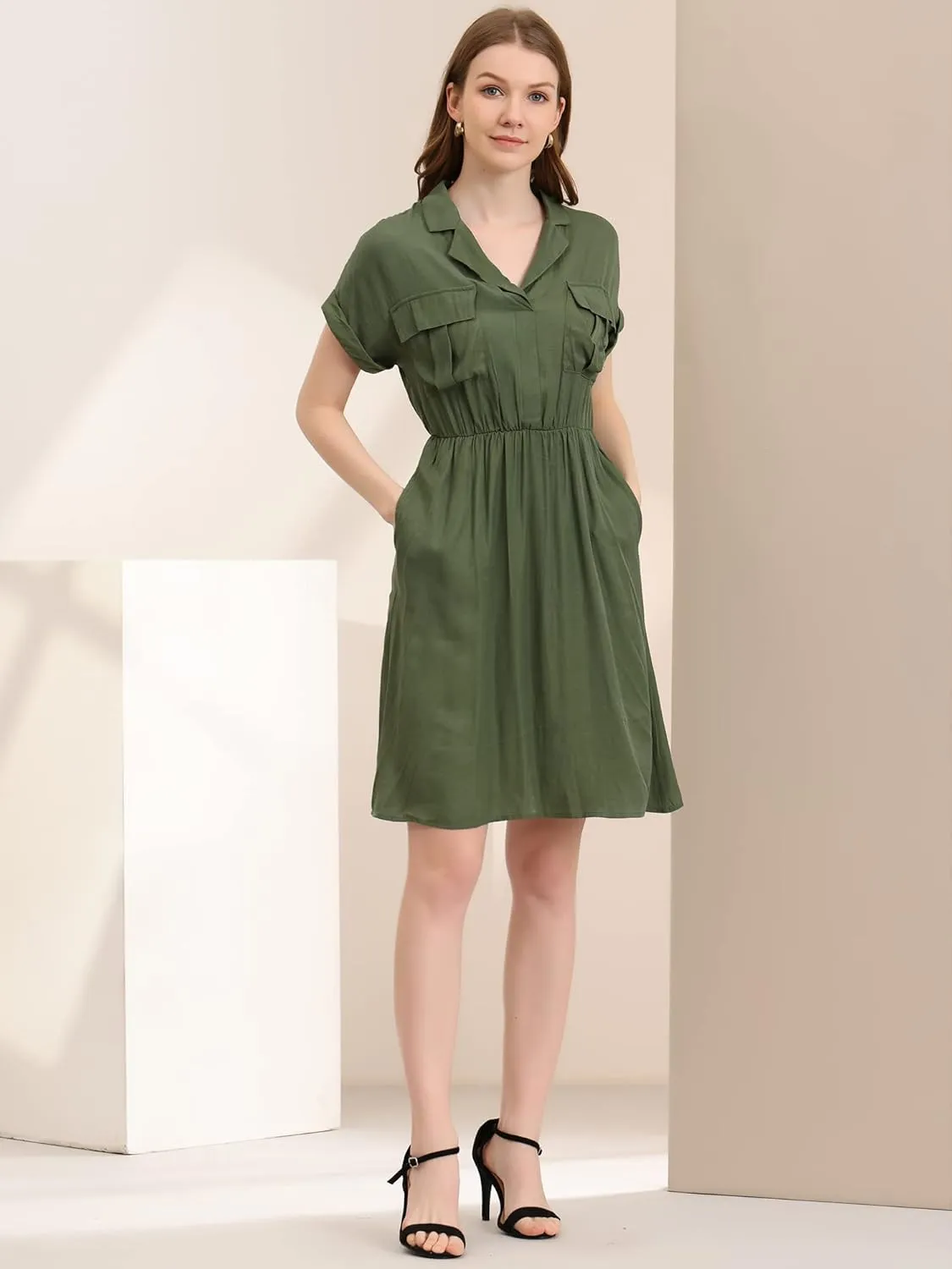 Allegra K Women's Notched Lapel Elastic Waist Pocket A-Line Safari Shirt Dress