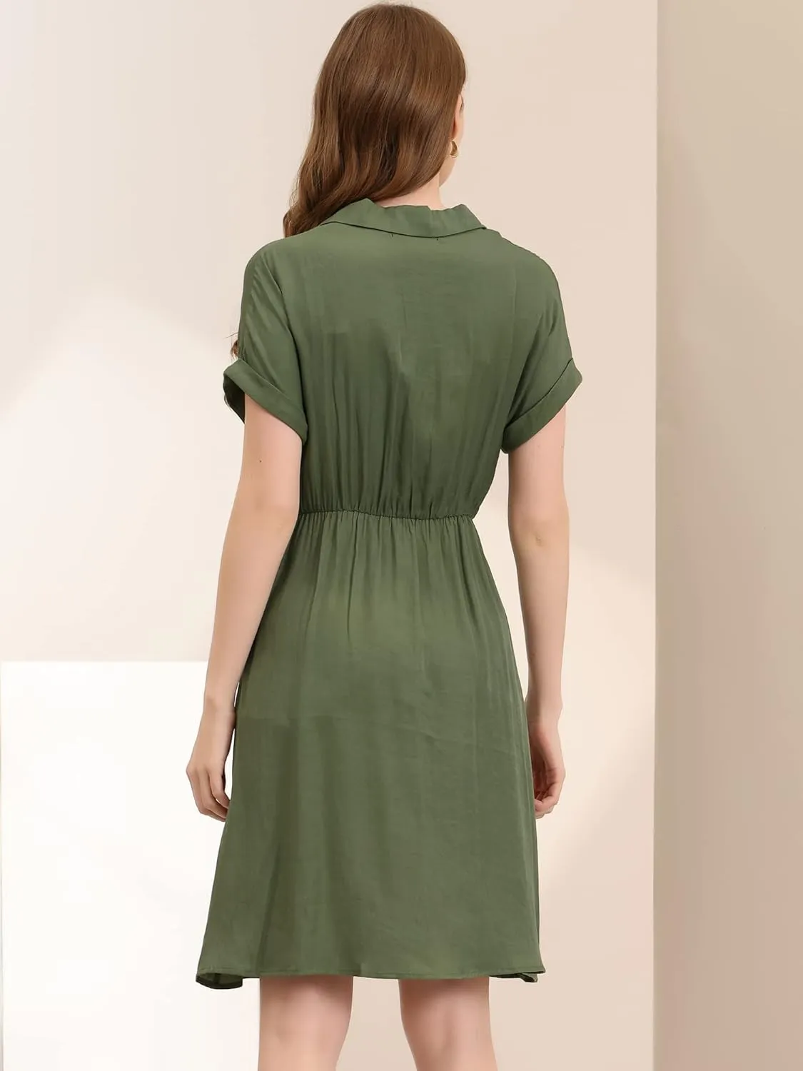Allegra K Women's Notched Lapel Elastic Waist Pocket A-Line Safari Shirt Dress