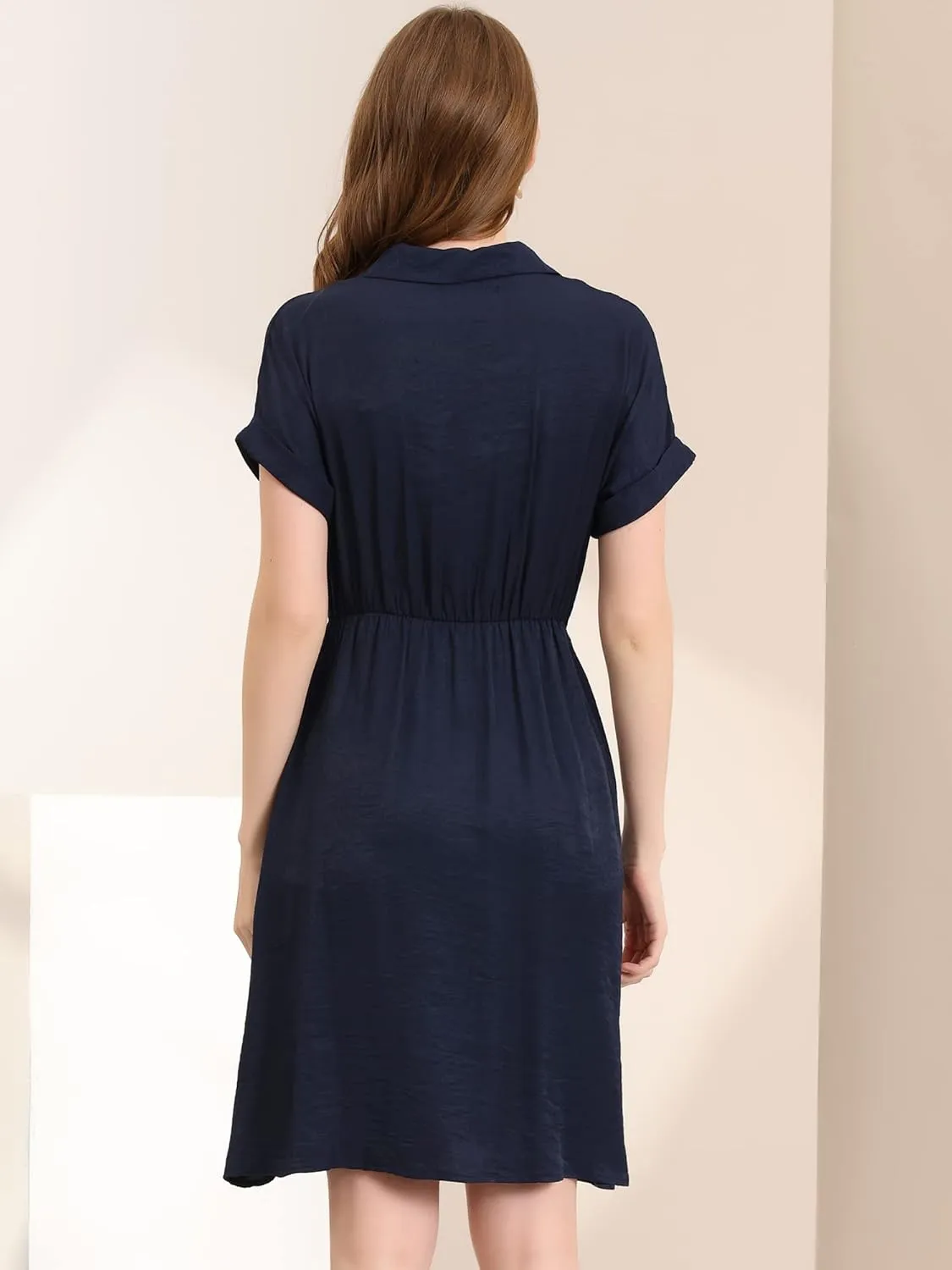 Allegra K Women's Notched Lapel Elastic Waist Pocket A-Line Safari Shirt Dress