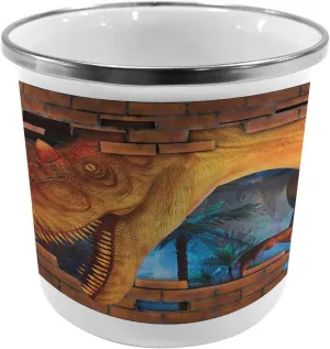 Ambesonne Dinosaur Metal Camping Cup, Tyrannosaurus Breaks a Brick Wall Frightening Scary Scenery Jungle Invaded House, Stainless Steel Mug for Indoor and Outdoor Activities, Orange Blue