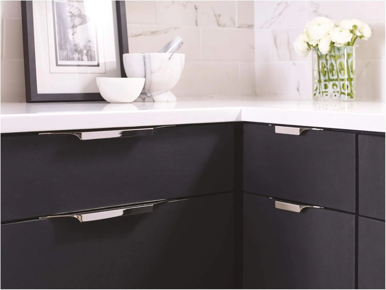 Amerock | Cabinet Edge Pull | Satin Nickel | 8-9/16 inch (217 mm) Center to Center | Extent | 1 Pack | Drawer Pull | Drawer Handle | Cabinet Hardware