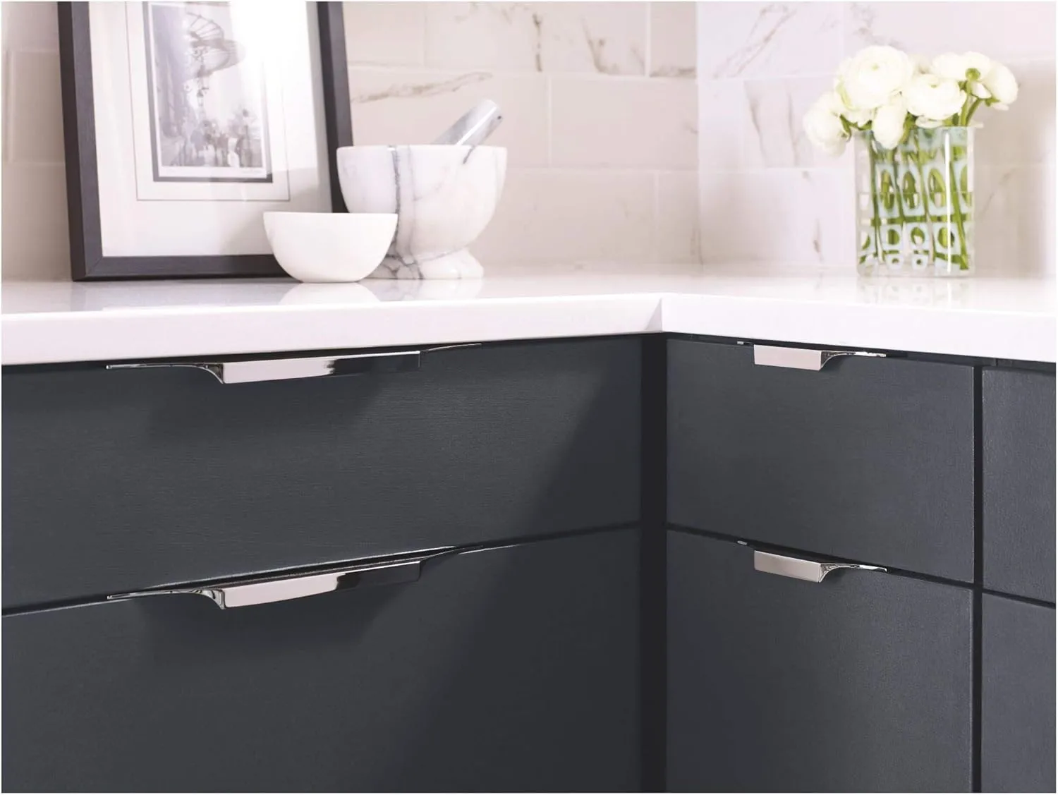 Amerock | Cabinet Edge Pull | Satin Nickel | 8-9/16 inch (217 mm) Center to Center | Extent | 1 Pack | Drawer Pull | Drawer Handle | Cabinet Hardware