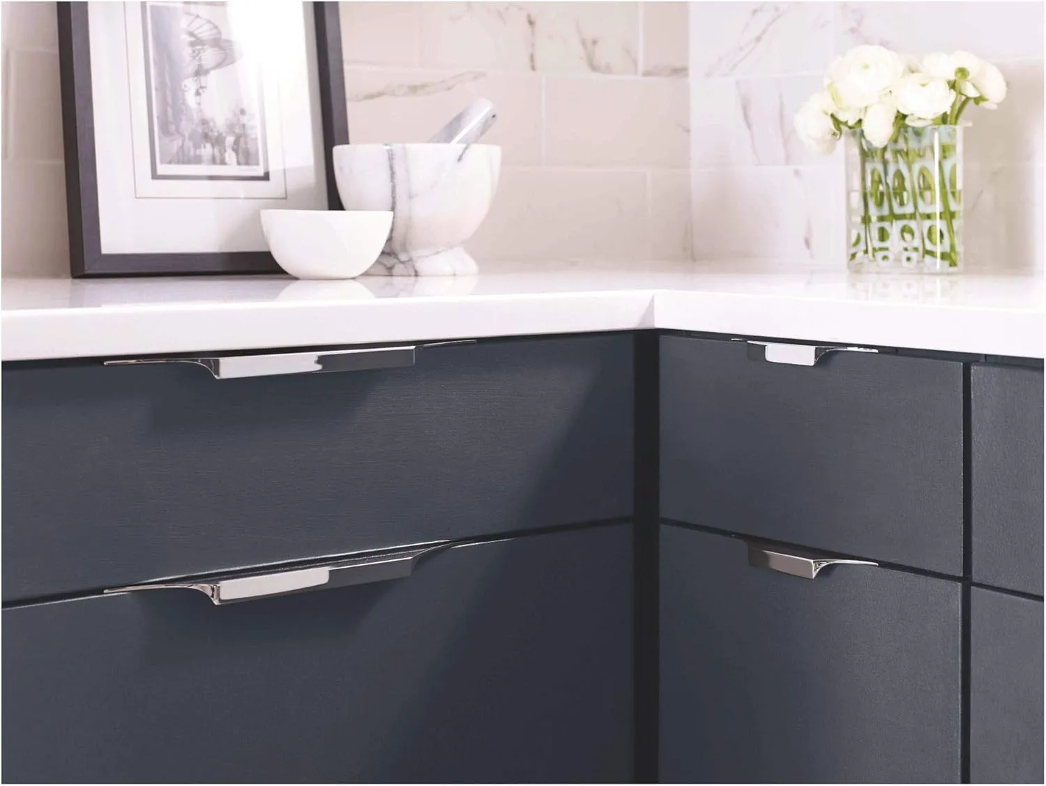 Amerock | Cabinet Edge Pull | Satin Nickel | 8-9/16 inch (217 mm) Center to Center | Extent | 1 Pack | Drawer Pull | Drawer Handle | Cabinet Hardware