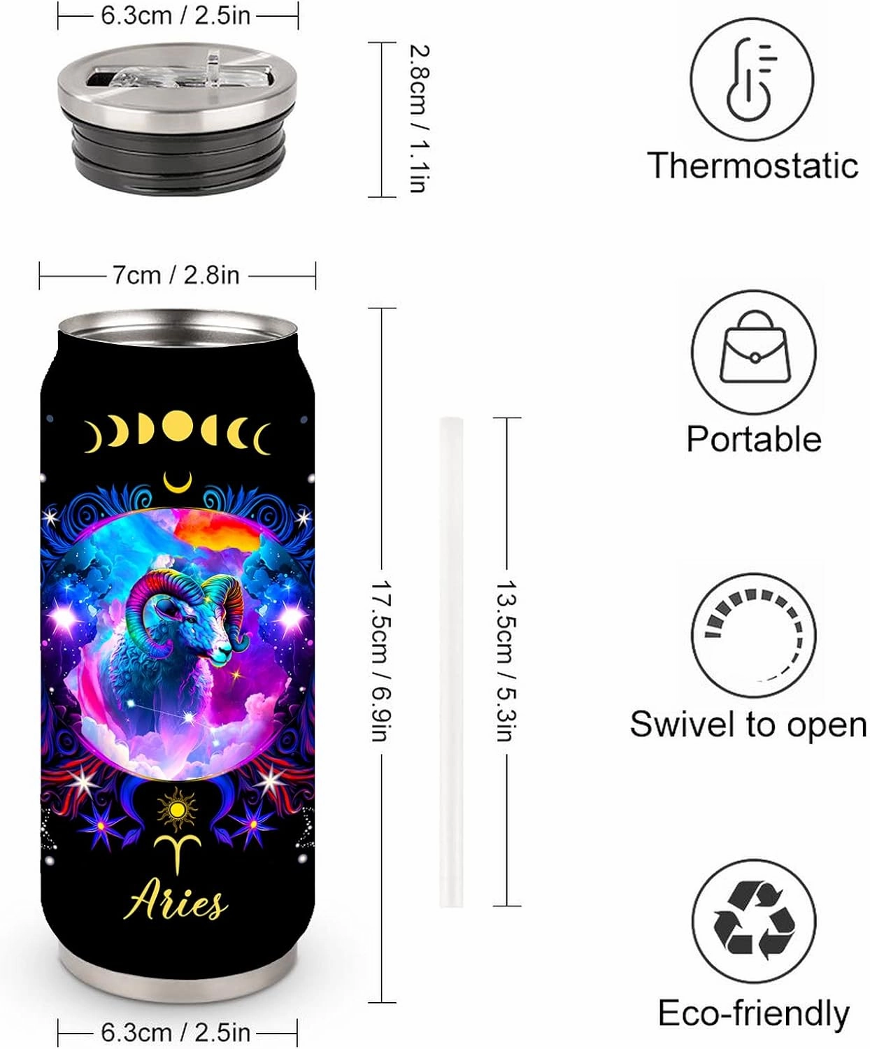 Aries Constellation Stainless Steel Tumbler With Straw Lid - 17 Oz Zodiac Coffee Mug for Men Women Astrology Fans Birthday Gifts Car Cup
