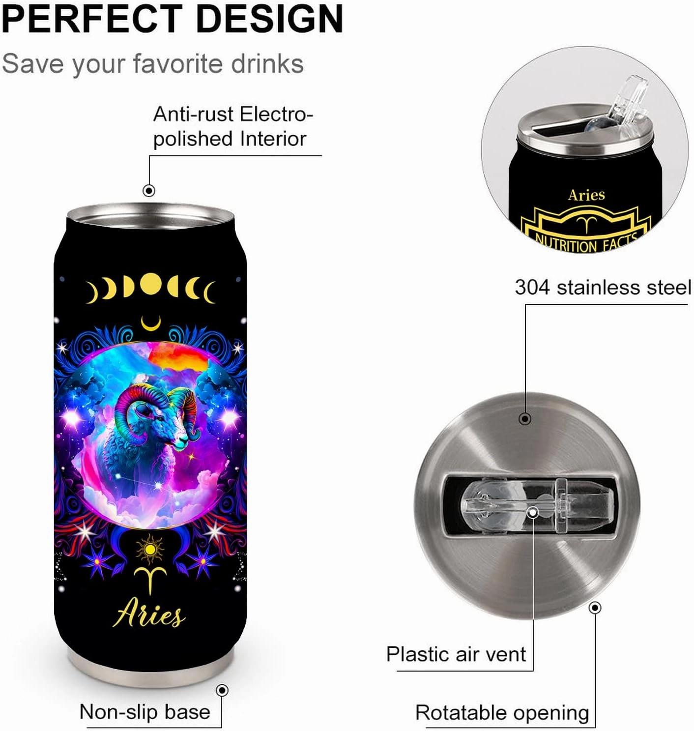 Aries Constellation Stainless Steel Tumbler With Straw Lid - 17 Oz Zodiac Coffee Mug for Men Women Astrology Fans Birthday Gifts Car Cup