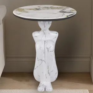 Art Deco Abstract Man Sculpture Side Table - Modern Accent Table for Living Room, Balcony, Entryway - Fiberglass Resin & Marble Finish, White