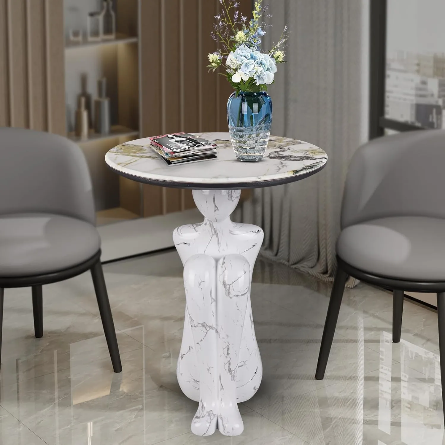 Art Deco Abstract Man Sculpture Side Table - Modern Accent Table for Living Room, Balcony, Entryway - Fiberglass Resin & Marble Finish, White
