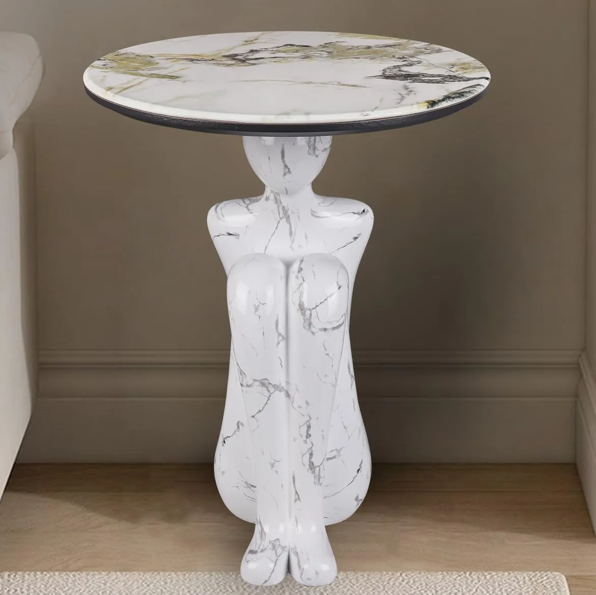 Art Deco Abstract Man Sculpture Side Table - Modern Accent Table for Living Room, Balcony, Entryway - Fiberglass Resin & Marble Finish, White