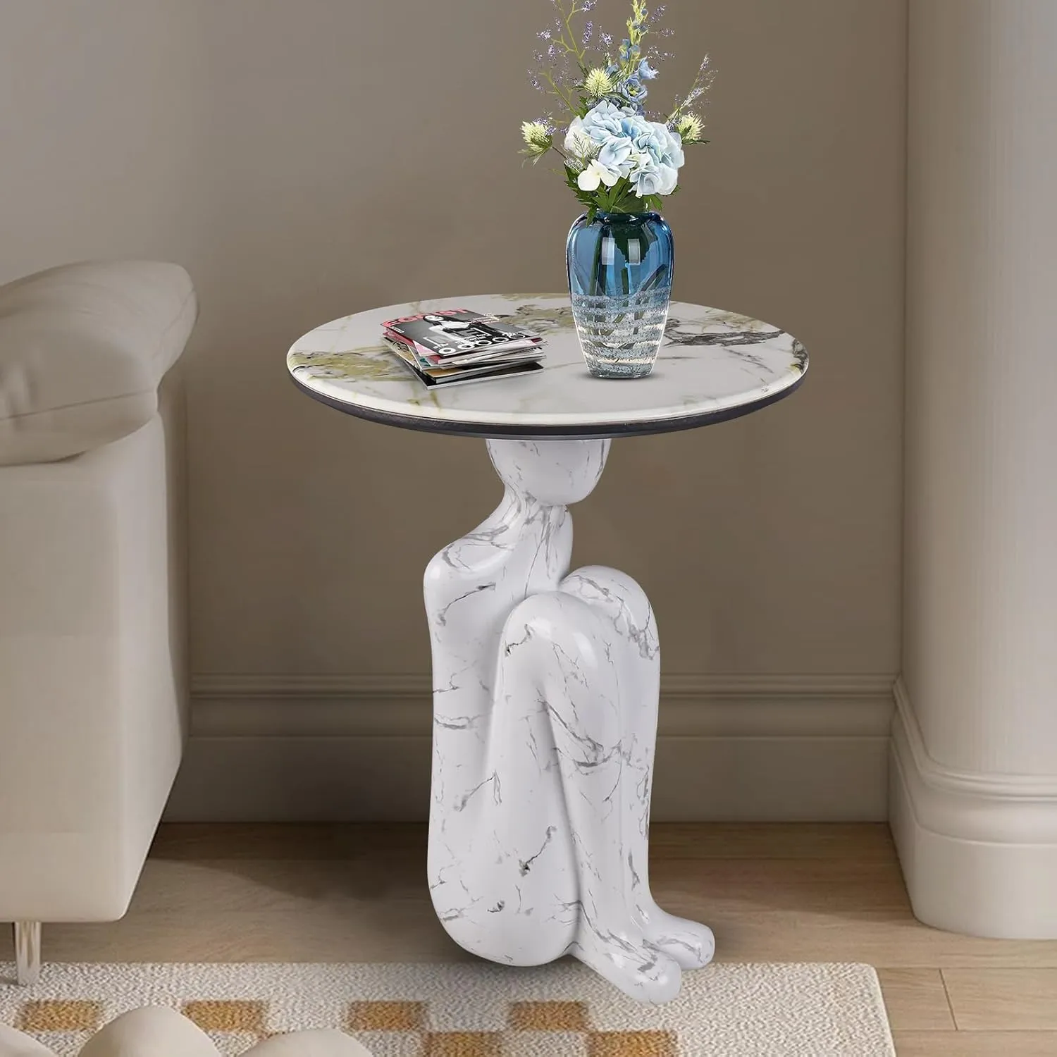 Art Deco Abstract Man Sculpture Side Table - Modern Accent Table for Living Room, Balcony, Entryway - Fiberglass Resin & Marble Finish, White