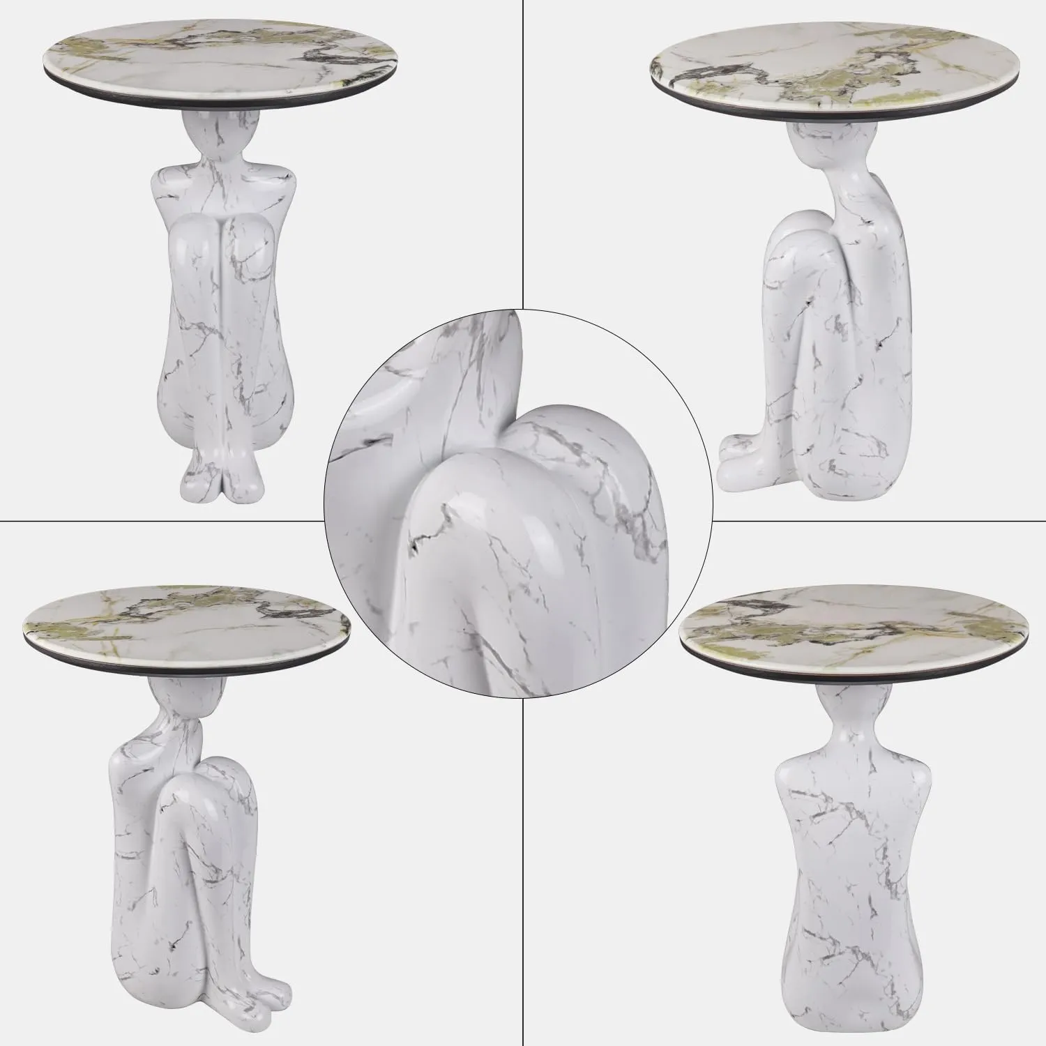 Art Deco Abstract Man Sculpture Side Table - Modern Accent Table for Living Room, Balcony, Entryway - Fiberglass Resin & Marble Finish, White