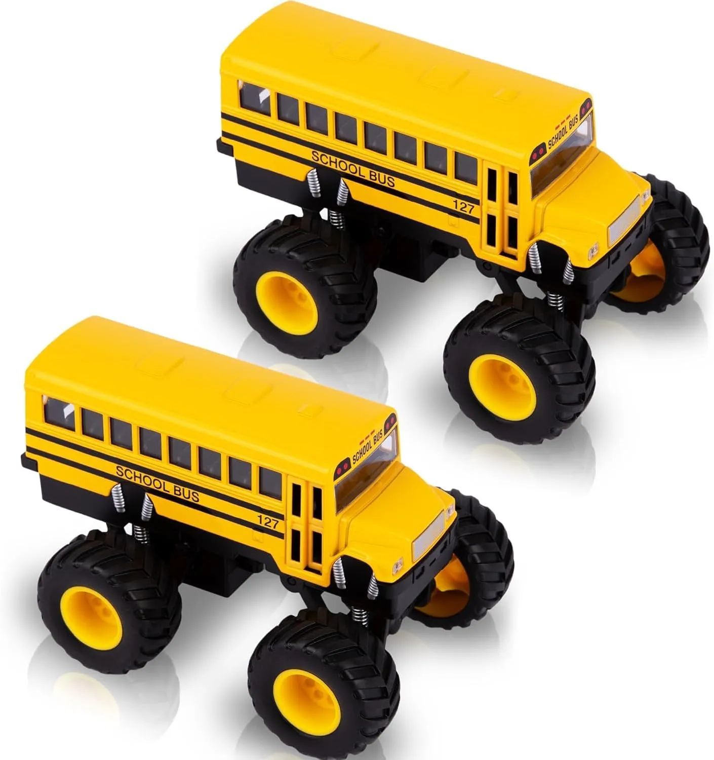 ArtCreativity 5 Inch Pull Back School Bus Toy Set - Set of 2 - Includes 5 Inch Monster-Wheel Bus, Diecast Playset with Pull Back Mechanism, Great Gift Idea for Kids