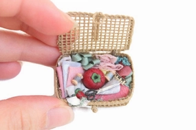 Artisan-Made Vintage 1:12 Miniature Dollhouse Sewing Basket with Supplies
