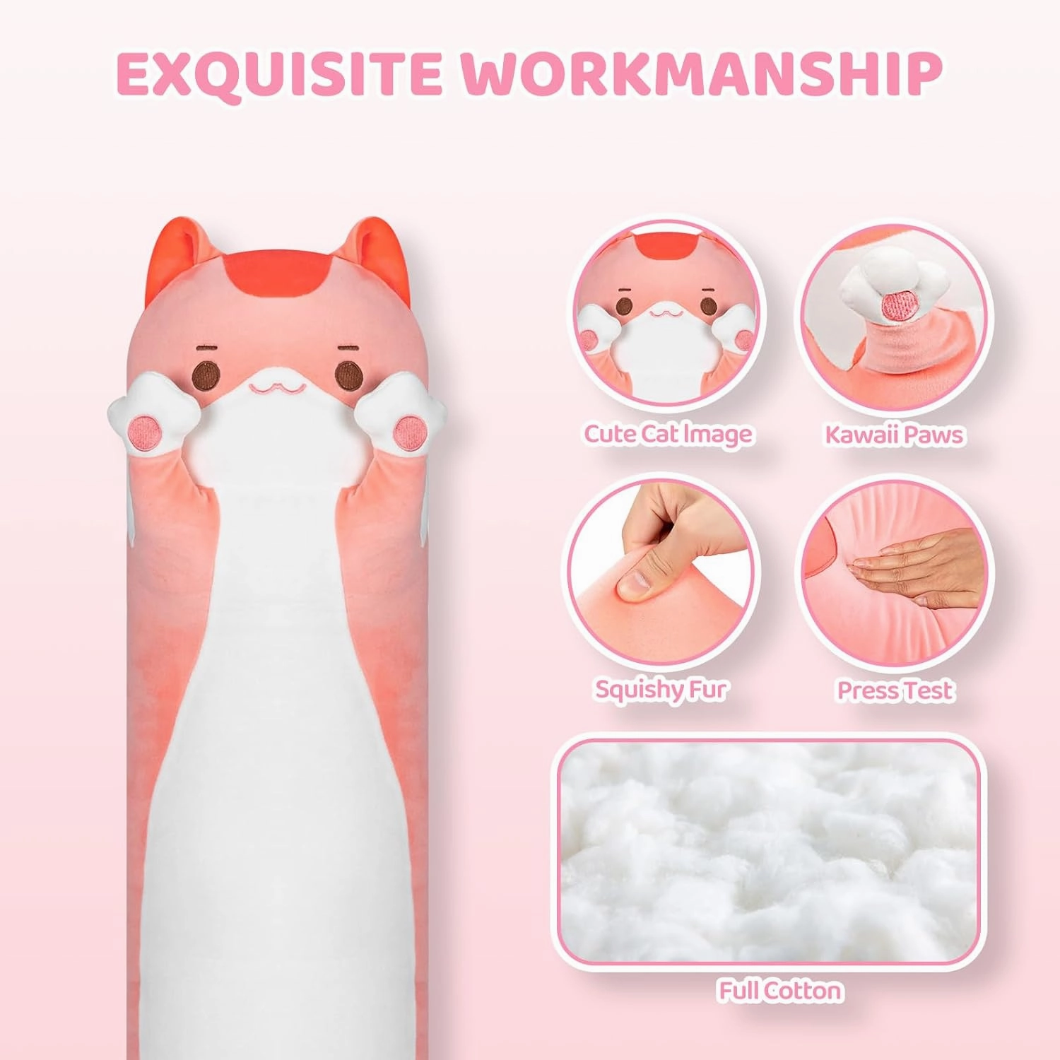 Artist-Designed Ultra Soft Long Cat Plush Body Pillow, Extra Stuffing for Comfort, Premium Quality Stuffed Animal Gift for Girlfriend or Cat Lovers (Pink Cat Body Pillow 28 Inch)