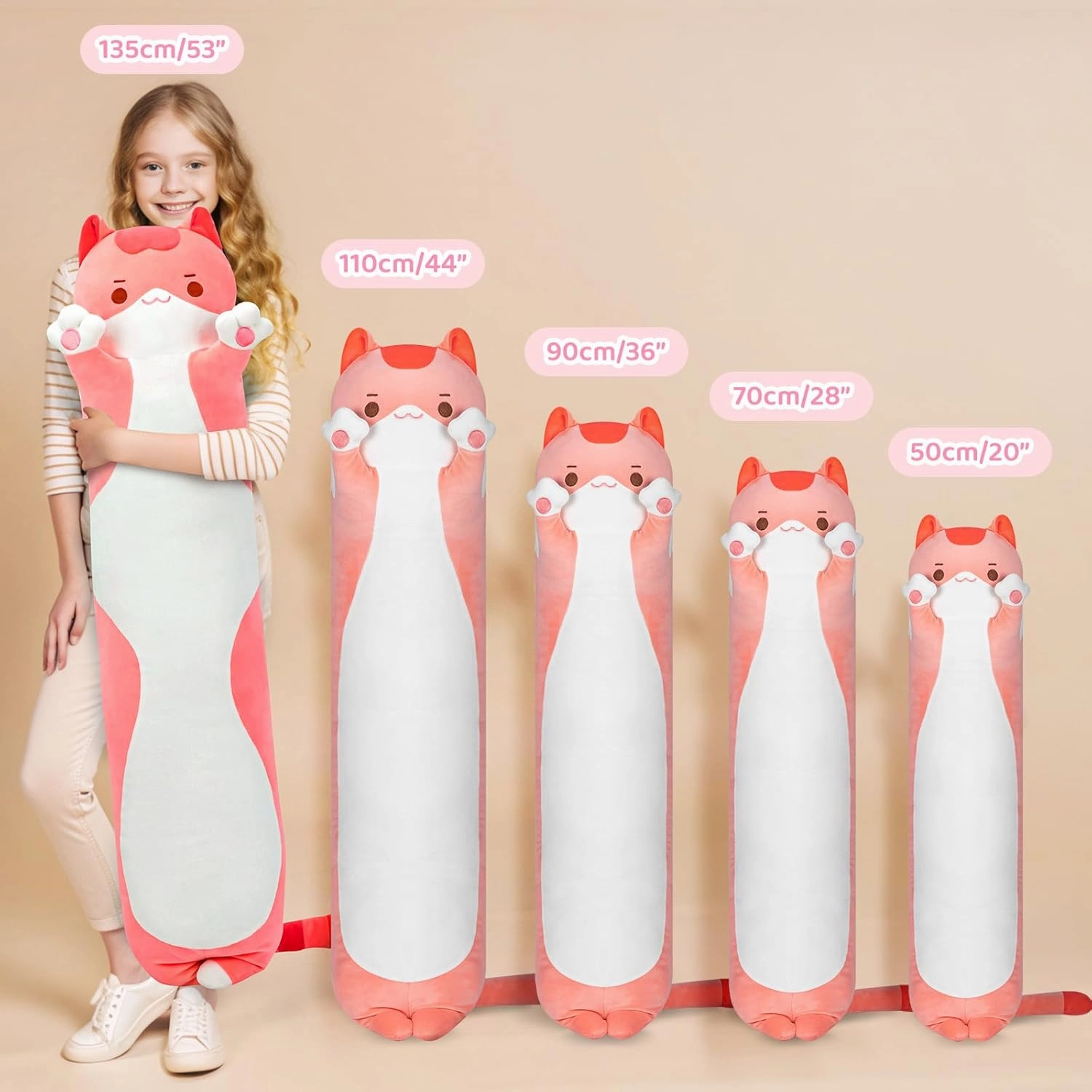 Artist-Designed Ultra Soft Long Cat Plush Body Pillow, Extra Stuffing for Comfort, Premium Quality Stuffed Animal Gift for Girlfriend or Cat Lovers (Pink Cat Body Pillow 28 Inch)