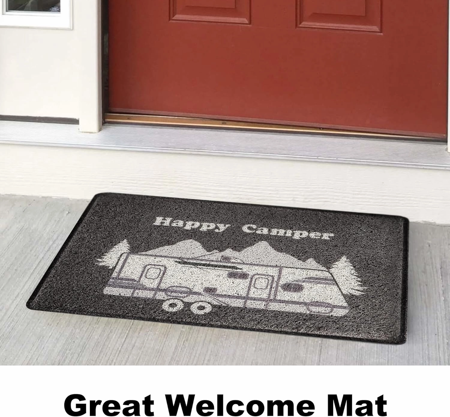 Aucuda Happy Camper RV Doors Mat for Indoor Outside Entrance, Camper Entrway Welcome Mats for Front Door, RV, 24"x16" Non-Slip Outdoor Mat for Summer, Waterproof Camping Door Mat Trap Dirt, Grey Car.