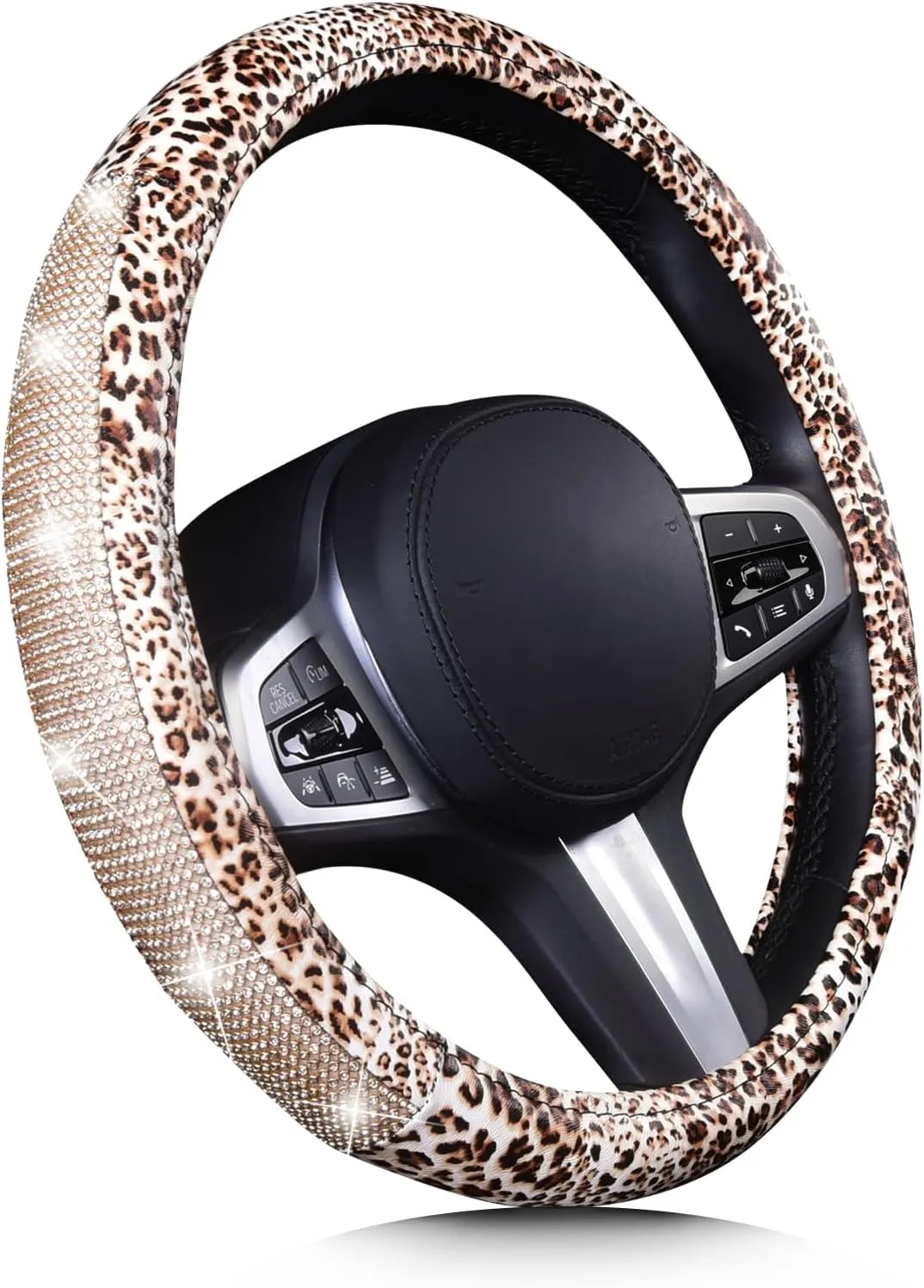 AUTOYOUTH Leopard Leather Steering Wheel Cover for Women Girls with Bling Bling Crystal Rhinestones Anti-Slip Cute Car Wheel Protector Universal 15 Inch Fit for Vehicle, Car, Auto, SUV, Black Silver…