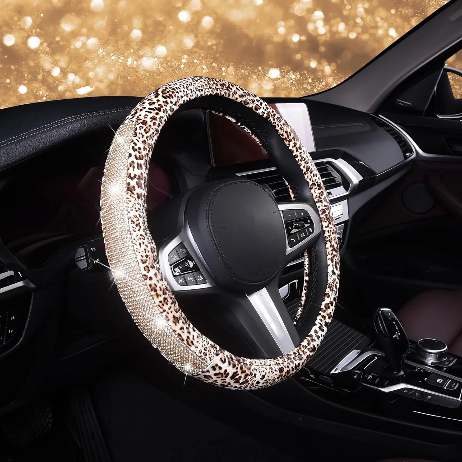 AUTOYOUTH Leopard Leather Steering Wheel Cover for Women Girls with Bling Bling Crystal Rhinestones Anti-Slip Cute Car Wheel Protector Universal 15 Inch Fit for Vehicle, Car, Auto, SUV, Black Silver…