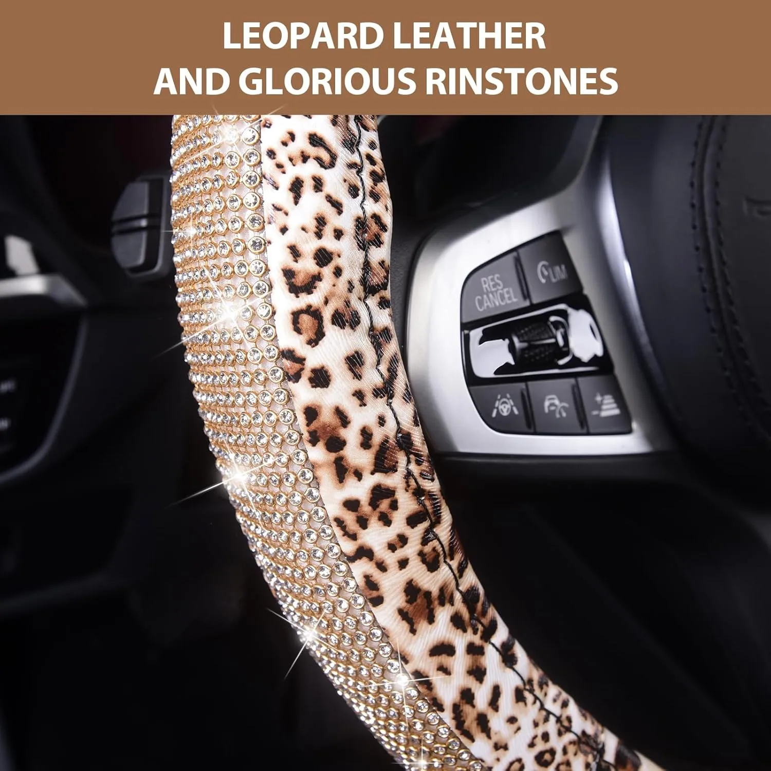 AUTOYOUTH Leopard Leather Steering Wheel Cover for Women Girls with Bling Bling Crystal Rhinestones Anti-Slip Cute Car Wheel Protector Universal 15 Inch Fit for Vehicle, Car, Auto, SUV, Black Silver…