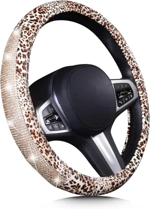 AUTOYOUTH Leopard Leather Steering Wheel Cover for Women Girls with Bling Bling Crystal Rhinestones Anti-Slip Cute Car Wheel Protector Universal 15 Inch Fit for Vehicle, Car, Auto, SUV, Black Silver…
