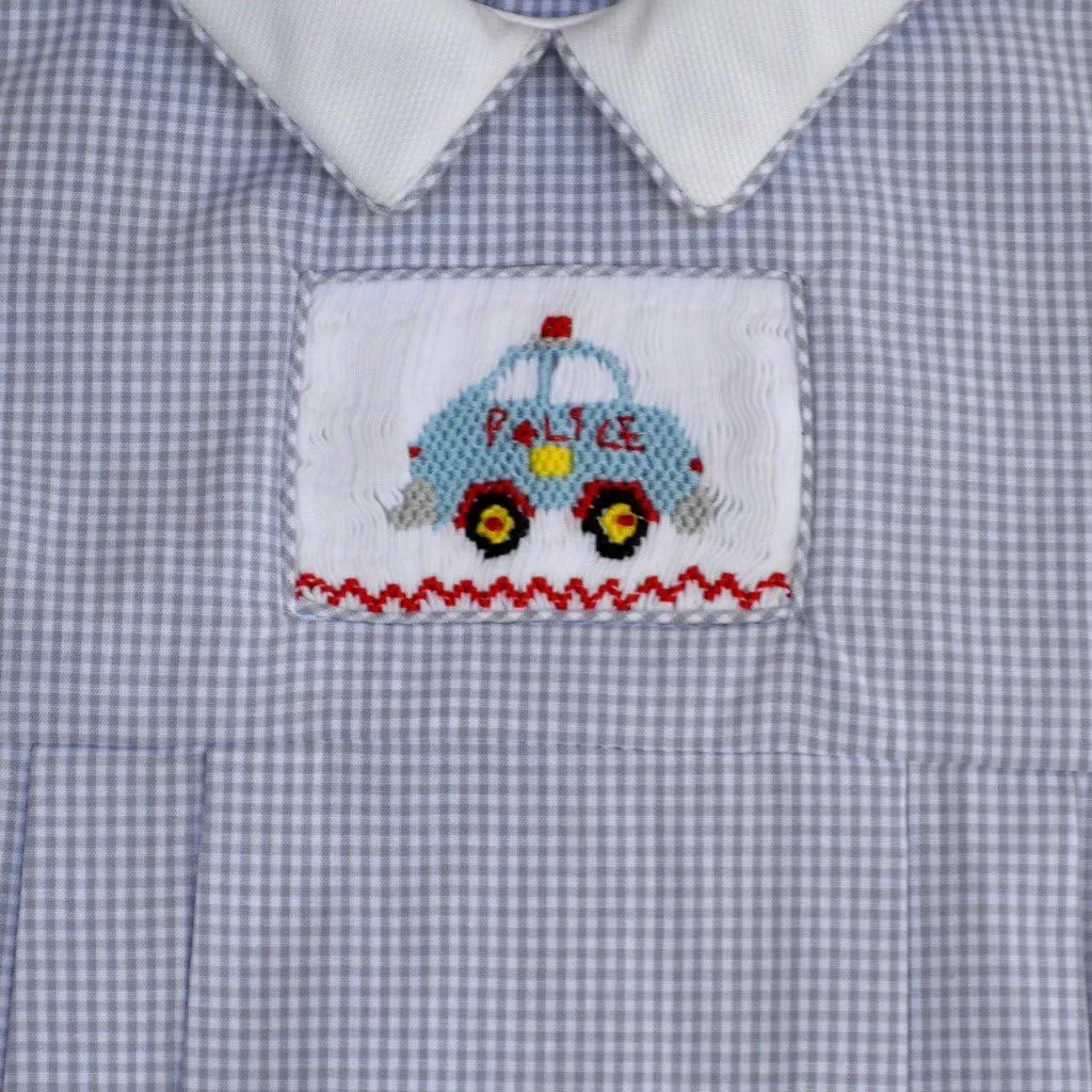 Baby Boy Short Romper Grey Checkered Hand Smocked Police Car on Creeper