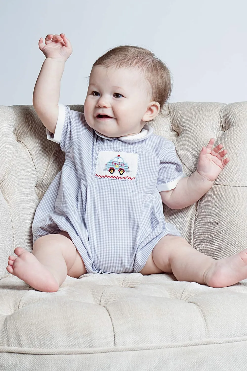 Baby Boy Short Romper Grey Checkered Hand Smocked Police Car on Creeper