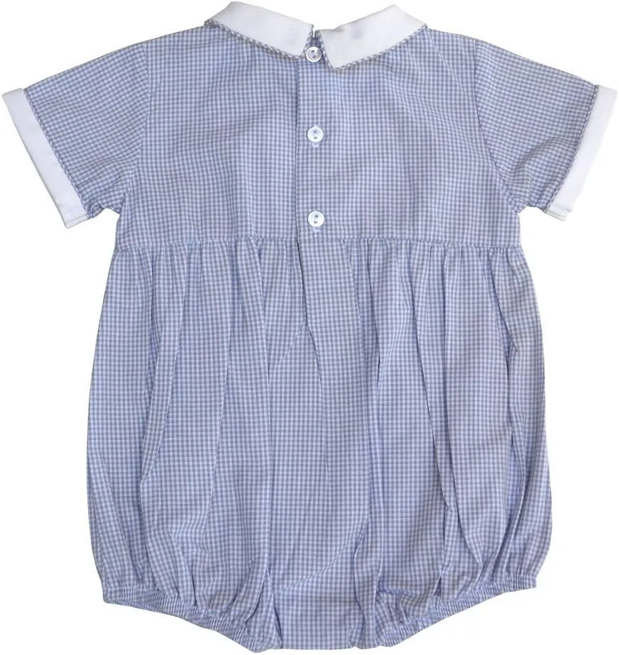 Baby Boy Short Romper Grey Checkered Hand Smocked Police Car on Creeper