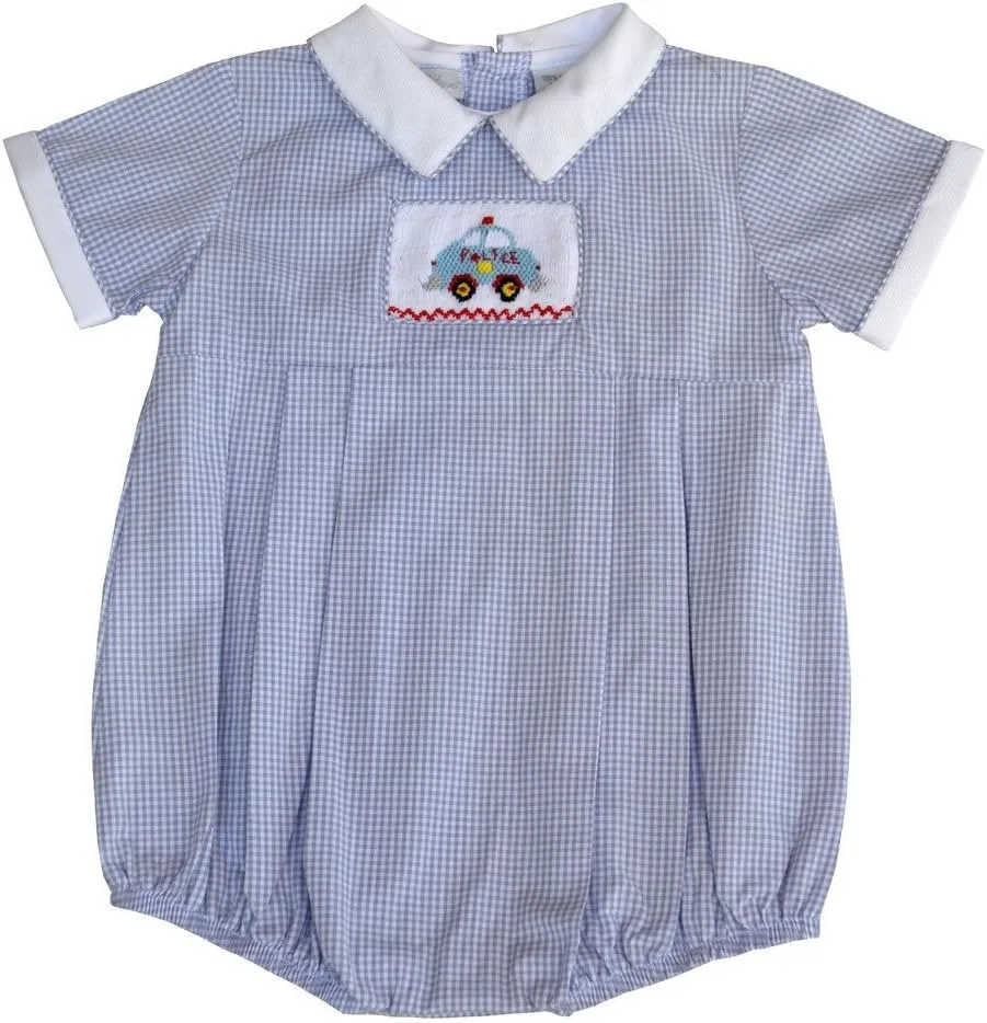Baby Boy Short Romper Grey Checkered Hand Smocked Police Car on Creeper