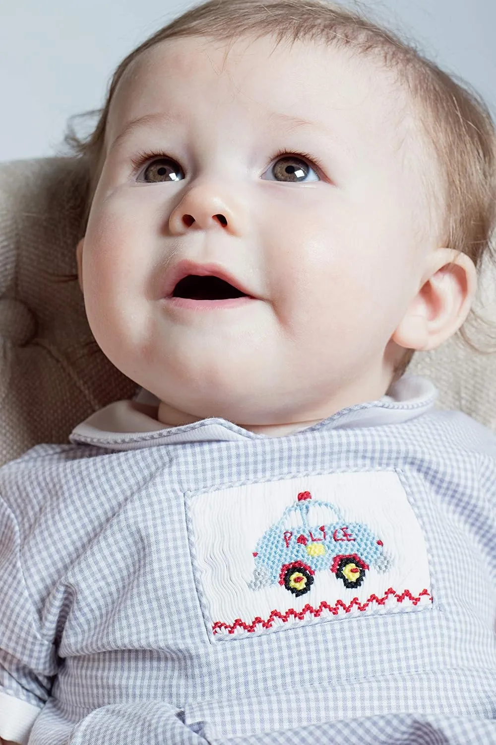 Baby Boy Short Romper Grey Checkered Hand Smocked Police Car on Creeper