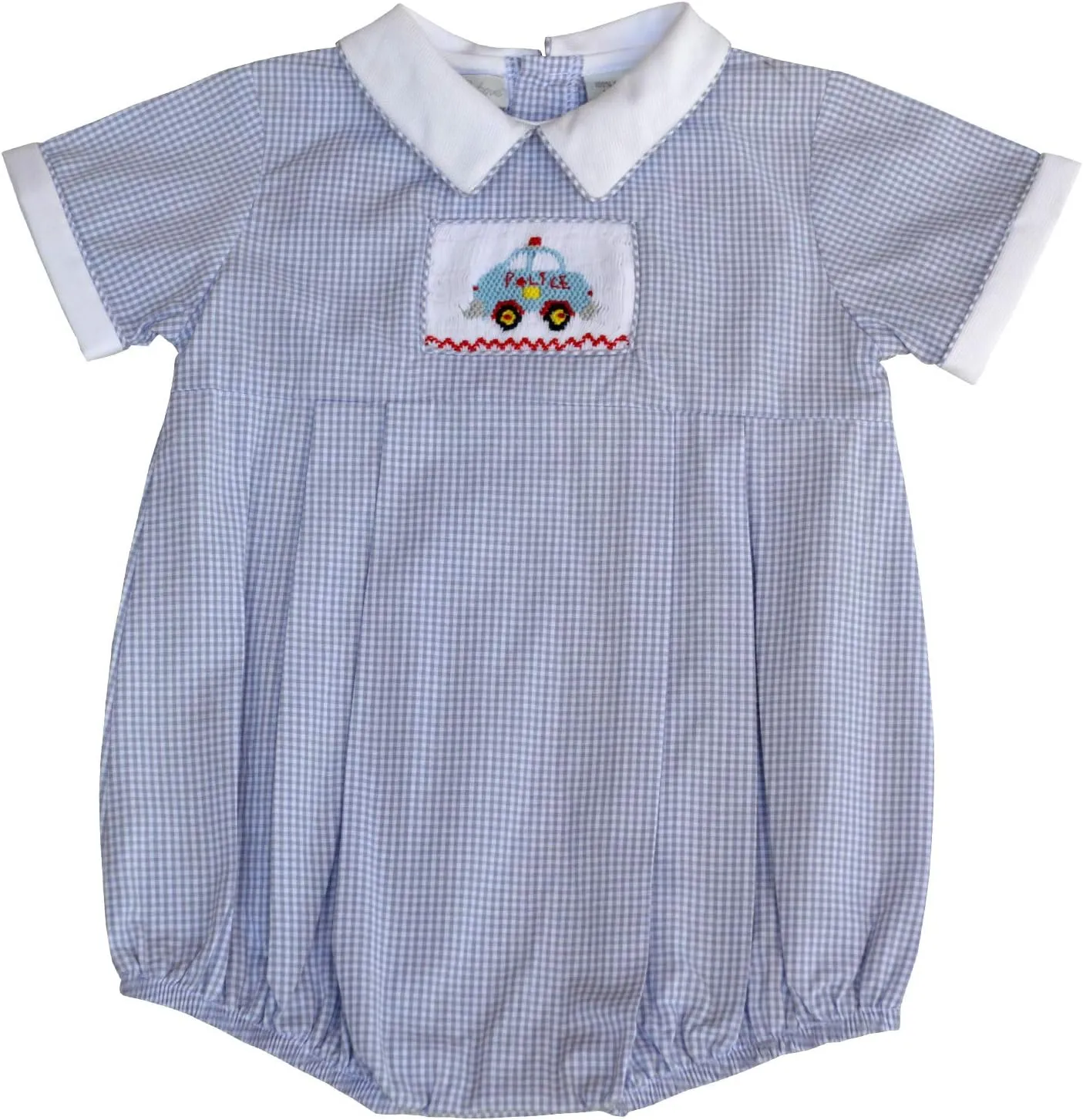 Baby Boy Short Romper Grey Checkered Hand Smocked Police Car on Creeper