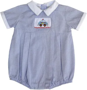Baby Boy Short Romper Grey Checkered Hand Smocked Police Car on Creeper