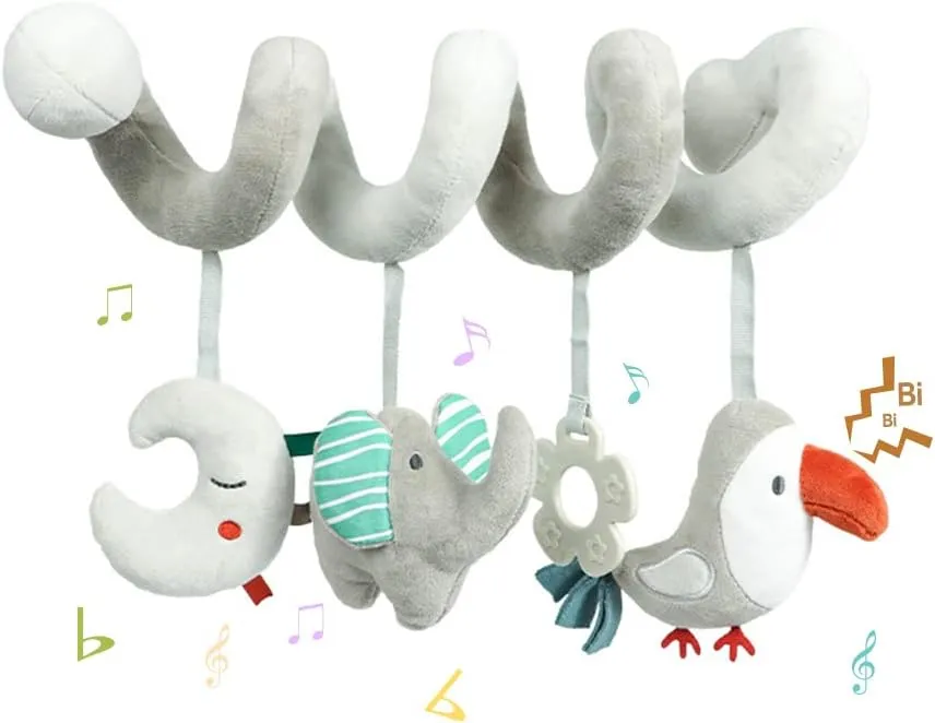 Baby Car Seat Toys, Activity Spiral Plush Hanging Wrap Around Pram Pushchair Stroller Toys, Sensory Early Education Toy for Toddler, Grey Elephant
