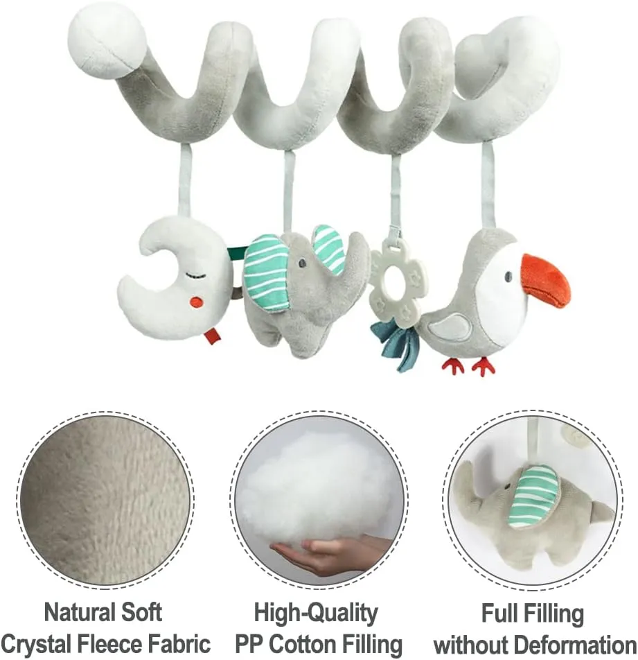 Baby Car Seat Toys, Activity Spiral Plush Hanging Wrap Around Pram Pushchair Stroller Toys, Sensory Early Education Toy for Toddler, Grey Elephant
