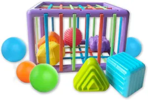 Baby Shape Montessori Sorting Toy with Elastic Bands, Sensory Bin with Colorful Balls & Blocks, Early Development Activity Toy