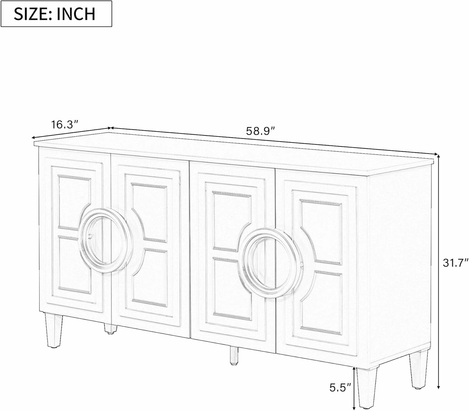 Ball & Cast Modern 4-Doors Sideboard Cabinet w/Special Round Ring Handle, Classic Wood Decorative Chest French Entryway Console Table for Kitchen Dining Room Living Room Hallway, Black